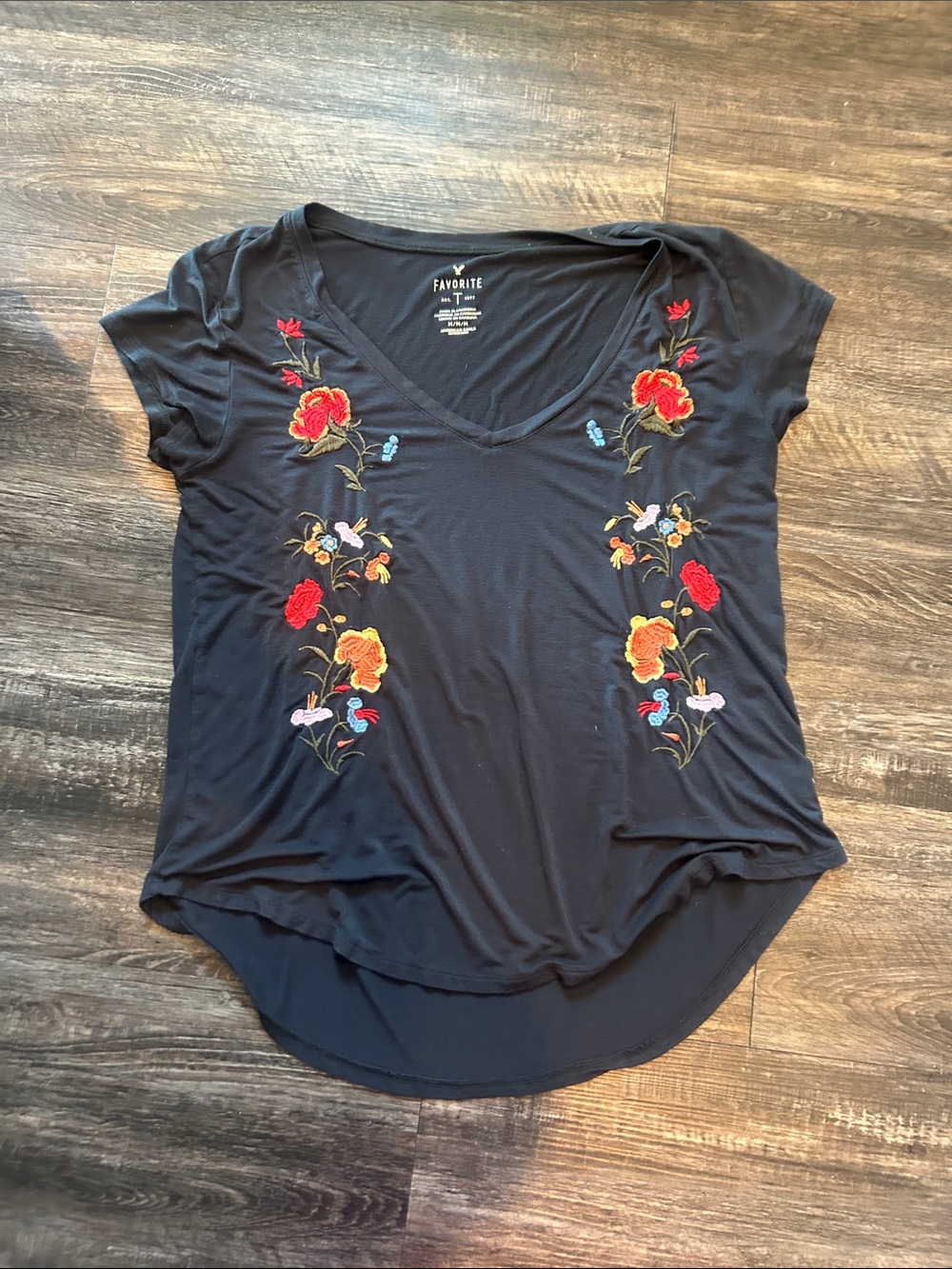 American Eagle Outfitters Black V-Neck Tee with Red & Orange Floral Embroidery